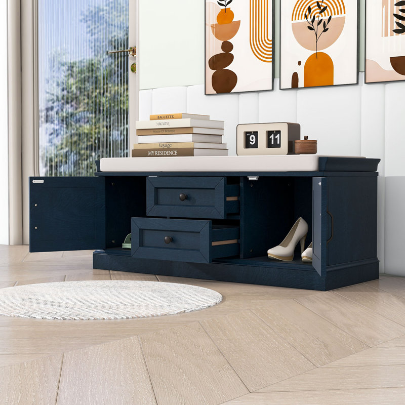 Storage Bench with 2 Drawers, 2 Cabinets and Removable Cushion for Entryway, Antique Navy