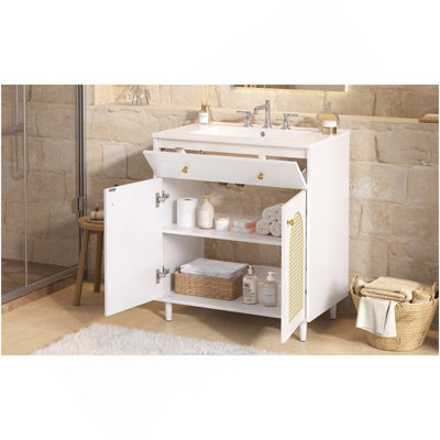 Meuble-lavabo de 30 po avec lavabo en céramique, meuble-lavabo à cadre en bois avec tablette réglable, tiroir à bout, panneaux avant en rotin