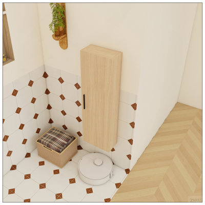 12" Tall Floating Bathroom Side Cabinet, Light Oak Plywood Linen Cabinet, Wall-Mounted Single Door Storage with Black/Aluminum Handles