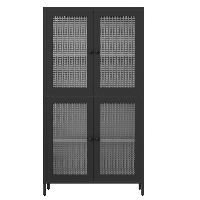 4-Shelves Metal Side Cabinet With Waffle-Grids Glass Doors For Bedroom File Office -, Dark Gray