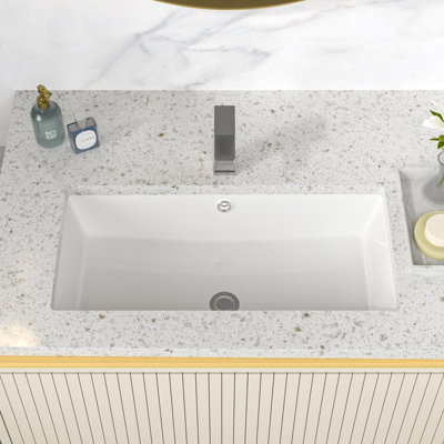 28 x 14 inch Rectangular Modern White Ceramic Undermount Bathroom Sink Art Basin with Overflow