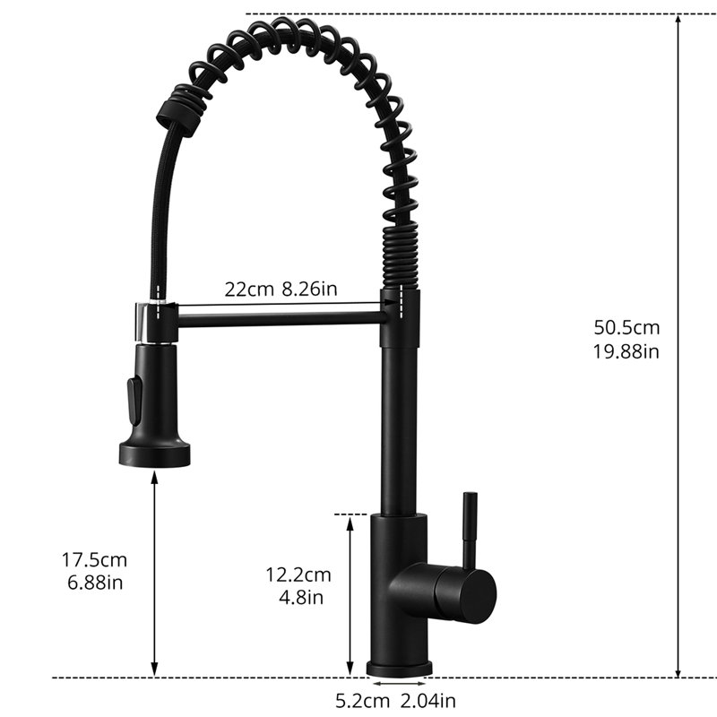 Robinet de cuisine contemporain noir avec bec rétractable, remplissage en céramique, débit d'eau facile à contrôler et étanchéité matte à la température, installation de bricolage