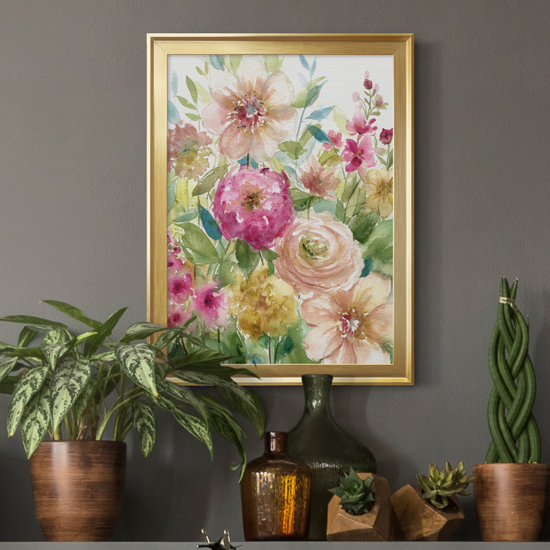 Jardin de fleurs - Peinture sur toile encadrée, H 18,5 po x l 24,5 po x P 1,5 po, Or