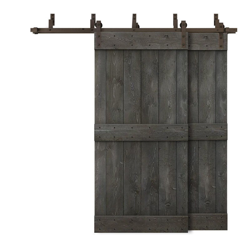 Porte de grange double à panneaux en bois teinté à panneau Mid-Bar, Gris carbone, 76 po x 84 po