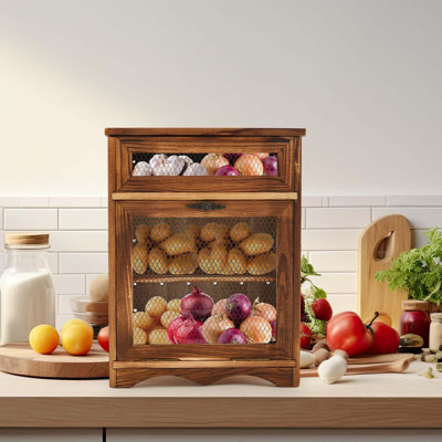 Bac de rangement en bois pour pommes de terre et oignon pour comptoir de cuisine, armoire de rangement pour légumes avec porte grillagée et couvercle