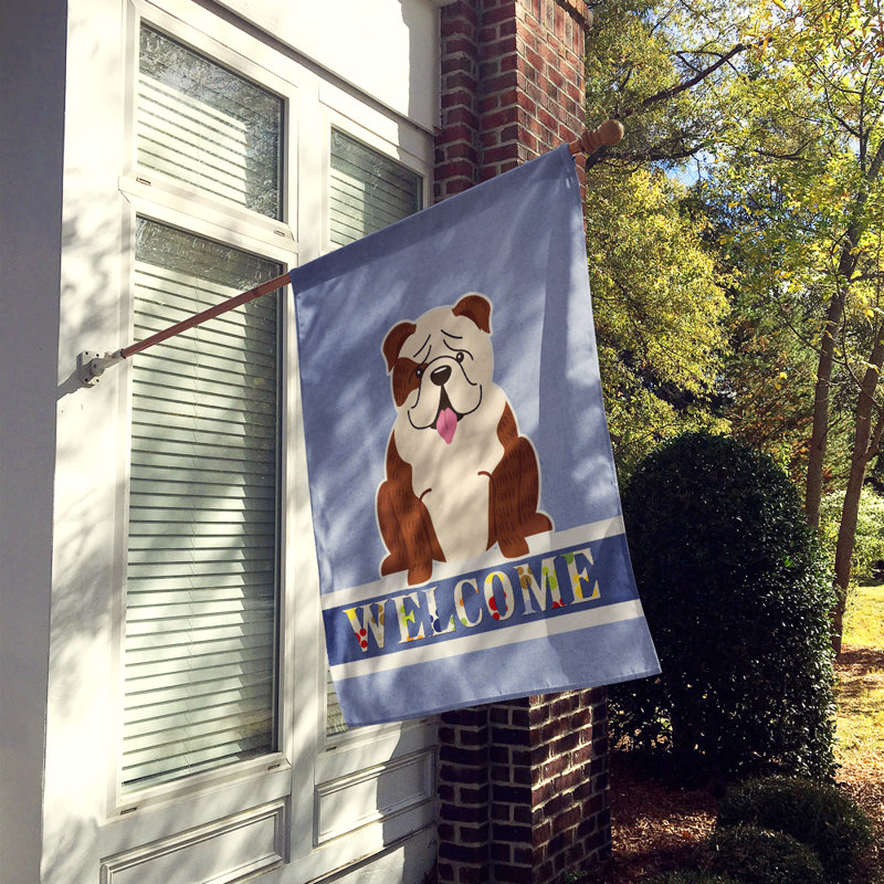 Polyester 2 côtés 40 x 28 po welcome drapeau maison, Bouledogue anglais blanc bringé assis