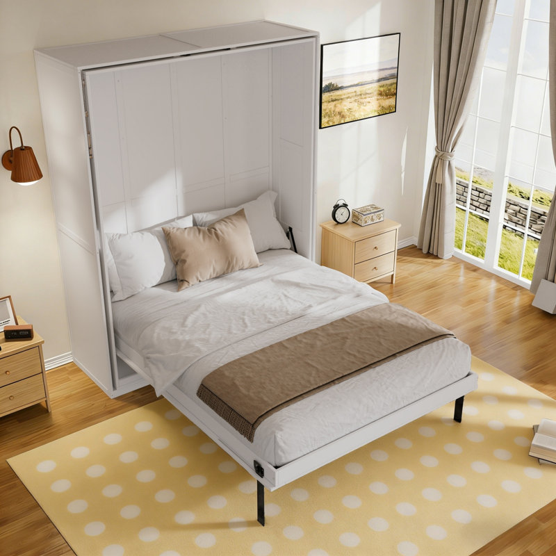 Grand lit escamotable rotatif avec supports de rangement cachés, lit mural multifonctionnel peu encombrant pour le bureau à domicile et les petites pièces, blanc