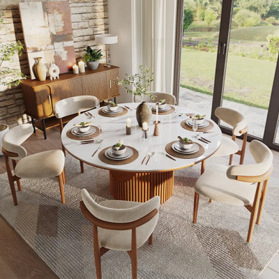 Mid-Century Modern Round Sintered Stone & Wood Dining Table