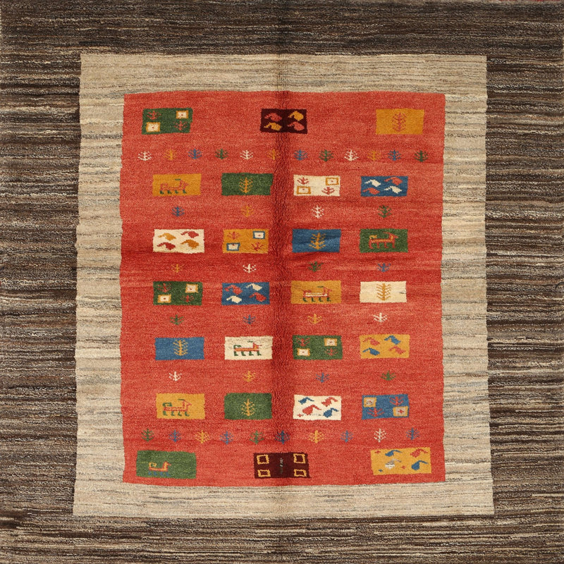 Tapis contemporain vert / rouge / beige, Carré 3 pi