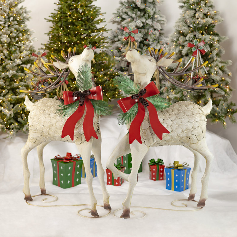 Set Of 2 48" Tall Large Iron Reindeer With Pinecone Bow