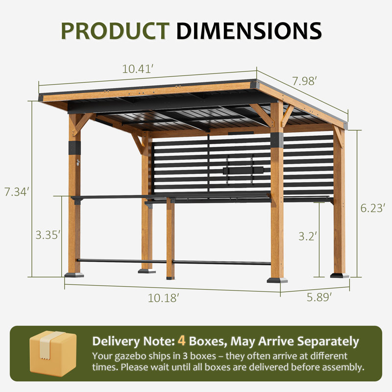 8 Ft. W x 10 Ft. D Wooden Pergola Grill Gazebo with Galvanized Steel Roof, TV Mount and Bar Shelves, 8 Ft. W x 10 Ft. D