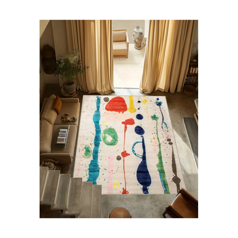 Creative Modern Decorative Carpet With Multicolored Abstract Paint Splatter Pattern, Round 3'4"