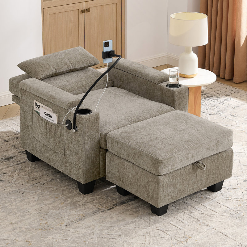 Canapé inclinable simple avec dossier réglable manuellement, port de charge USB sur le côté de l'accoudoir, support pour téléphone inclus, rangement caché pour l'accoudoir et repose-pieds assorti