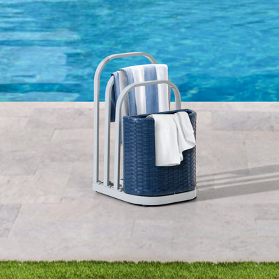 Sunjoy Rust-proof Aluminum Pool Float Storage Rack, 16 Inch Outdoor Wicker Poolside Float Organizer, Pool Float Caddy for Cushions, Floaties, Noodles,