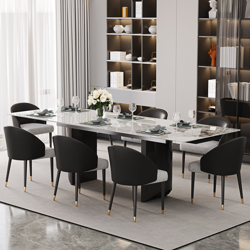 Ensemble de table de salle à manger 9 pièces avec table de salle à manger extensible en pierre frittée de 63 à 94,5 po avec 8 chaises rembourrées en cuir Fuax