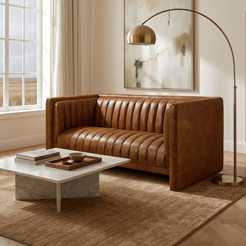 Broderic 65"W Full-Grain Leather Upholstered Channel Tufted Loveseat Sofa, Caramel