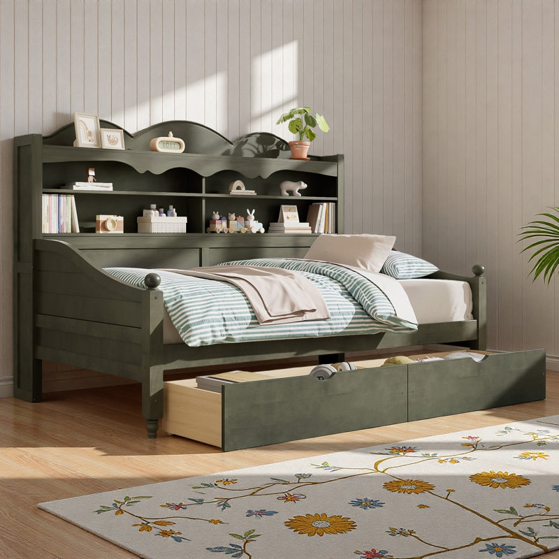 Wooden Daybed With 2 Storage Drawers And Storage Headboard Shelving, Antique Gray