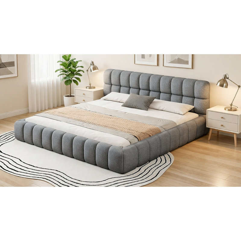 Très grand lit tapissier avec base solide, Gris
