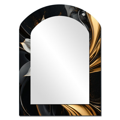 Golden Dahlia Petal Geometry IV - Dahlia Arch Wall Mirror, Gold Asymmetrical Decorative Mirror, Printed Metal Art