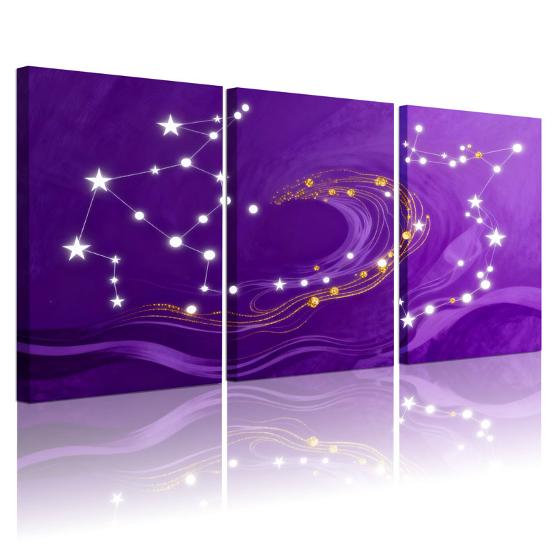 Nautique et plage, ciel mauve, constellation d'étoiles, ensemble de 3 impressions d'art sur toile, H 30 po x l 60 po