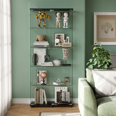 Vitrine en verre avec portes doubles à 5 tablettes et serrure, bibliothèque sur pied en verre trempé de 5 mm pour le salon, la chambre à coucher, le bureau, 72 po x 32 po x 14 po, noir