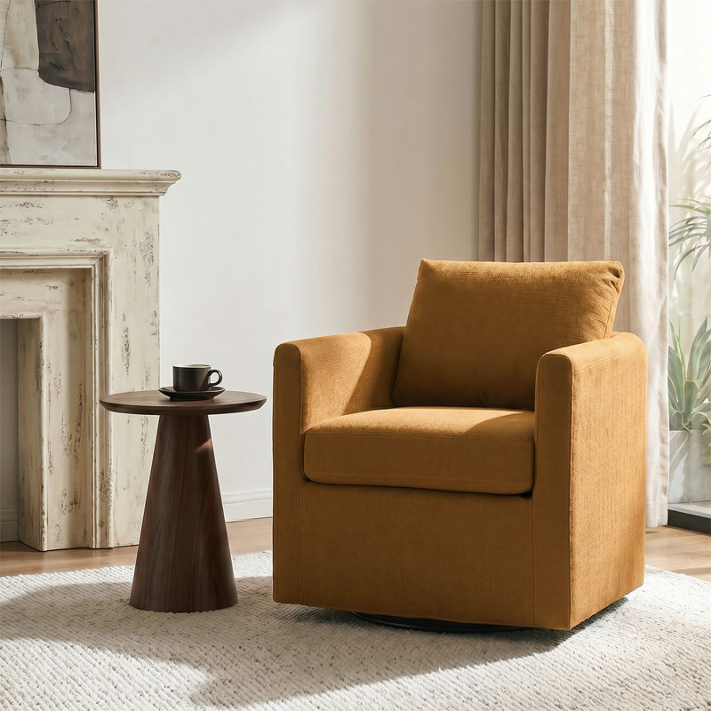 Nicha 29"W Modern Farmhouse Slipcovered Swivel Barrel Chair, Golden