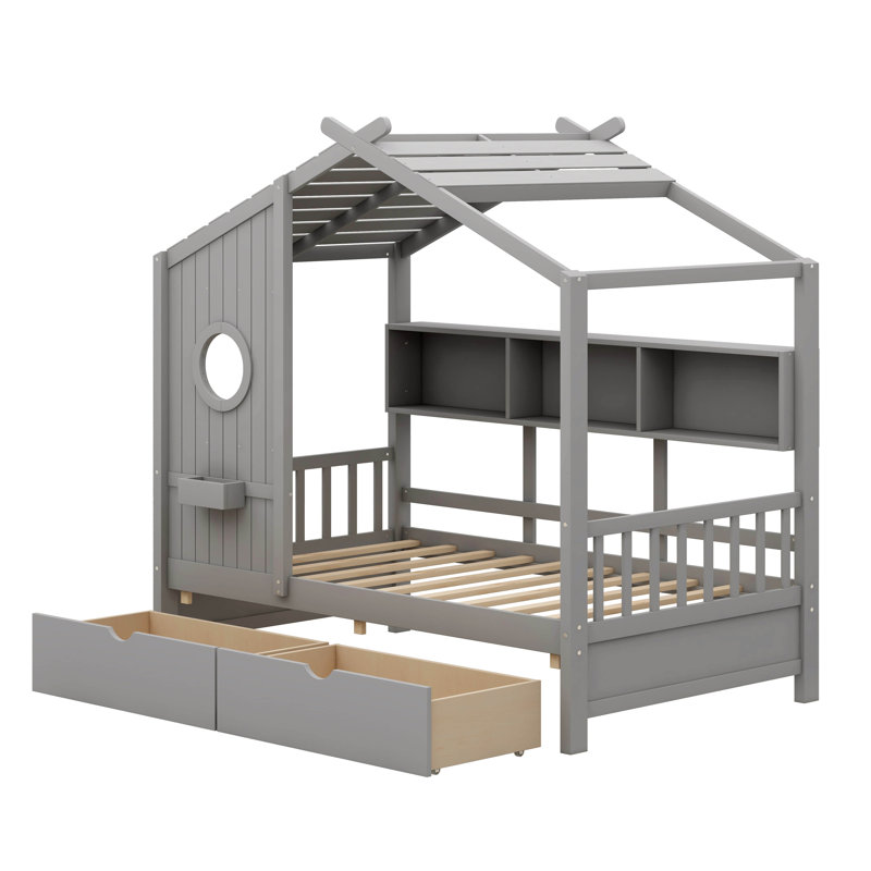 Vidoje Kids Bed with Storage Shelf, Twin, Gray