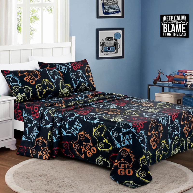 Fun Kids Teens Microfiber Sheet Set, Black Gamepad, Queen Sheet Set with 2 Pillowcases