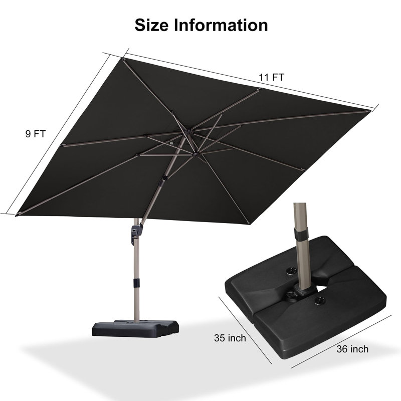 Parasol extérieur gris rectangulaire en porte-à-faux 108 po x 138 po avec base et rotation à 360 degrés