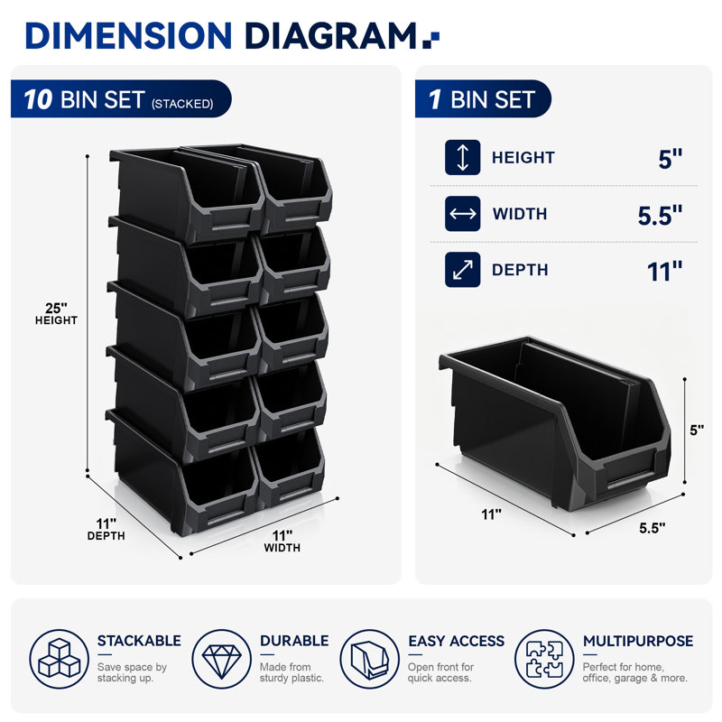 Sorbus 10 Pack Medium Open Front Stackable Kitchen Storage Bin – Pantry & Cabinet Organizer, Black