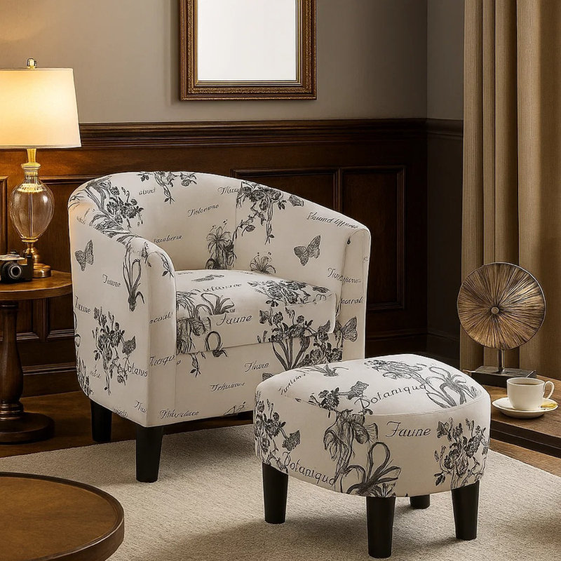Ensemble de fauteuil d'appoint et repose-pieds 2 pièces Beua, imprimé blanc et noir
