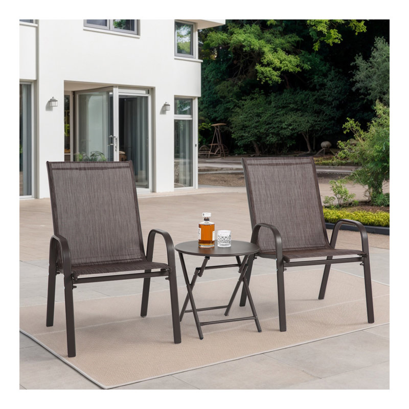 Ensemble de patio 3 pièces, chaises de camping d'extérieur en tissu respirant PVC-coated polyester, table pliante avec plateau en acier, 2 chaises et 1 ensemble de tables (brun)