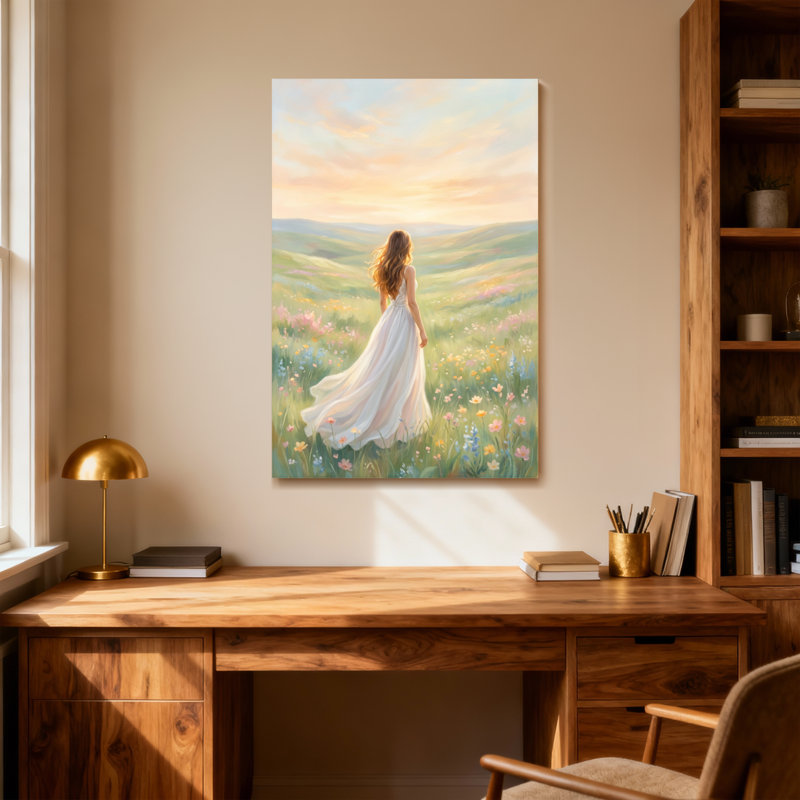 Femme de Saint-Valentin en robe blanche marchant dans un champ de fleurs, H 48 po x l 32 po