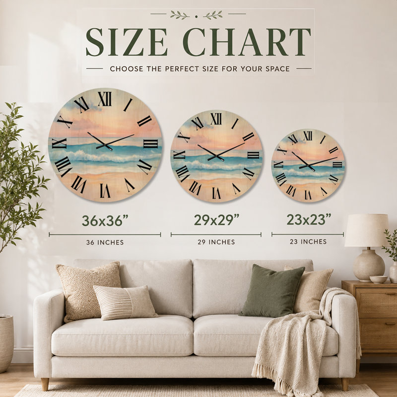 Blush Sunrise Shore II - Horloge murale côtière, imprimée sur bois, Très grand