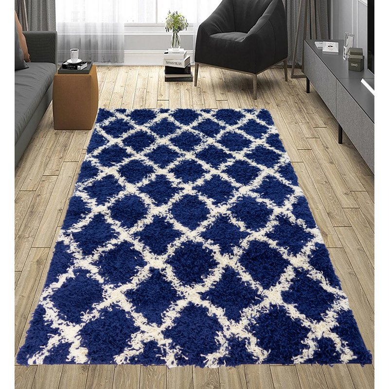 Tapis à poils longs bleu foncé et blanc Eucptus, Rectangle 3 pi 3 po x 5 pi