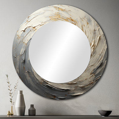 Grey And Gold Mystical Spirals - Abstract Spirals Decorative Wall Mirror, Modern Round Mirror, Printed Metal Art