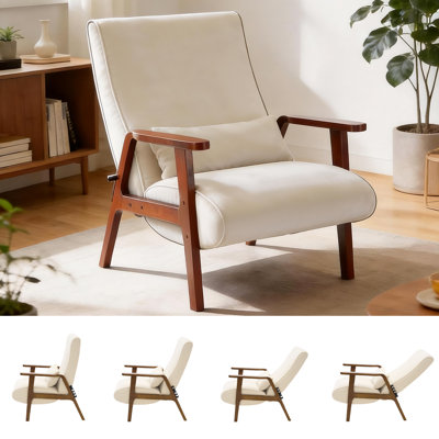 Fauteuil d'appoint réglable avec dossier inclinable à 4 positions, fauteuil rembourré Mid-Century avec accoudoirs en bois et coussin épais pour le salon, la chambre à coucher, le balcon, la salle de réception
