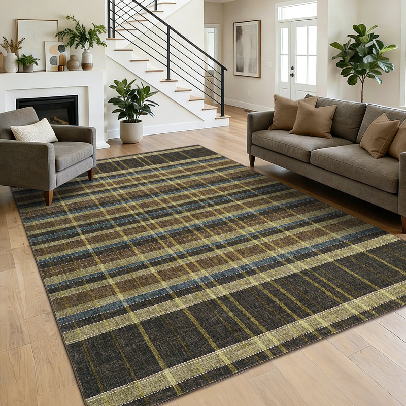 Plaid Machine Washable Rug for Living Room, Non-Slip Geometric Floor Mats, Stain-Resistant Soft Faux Wool Indoor Carpet for Bedroom