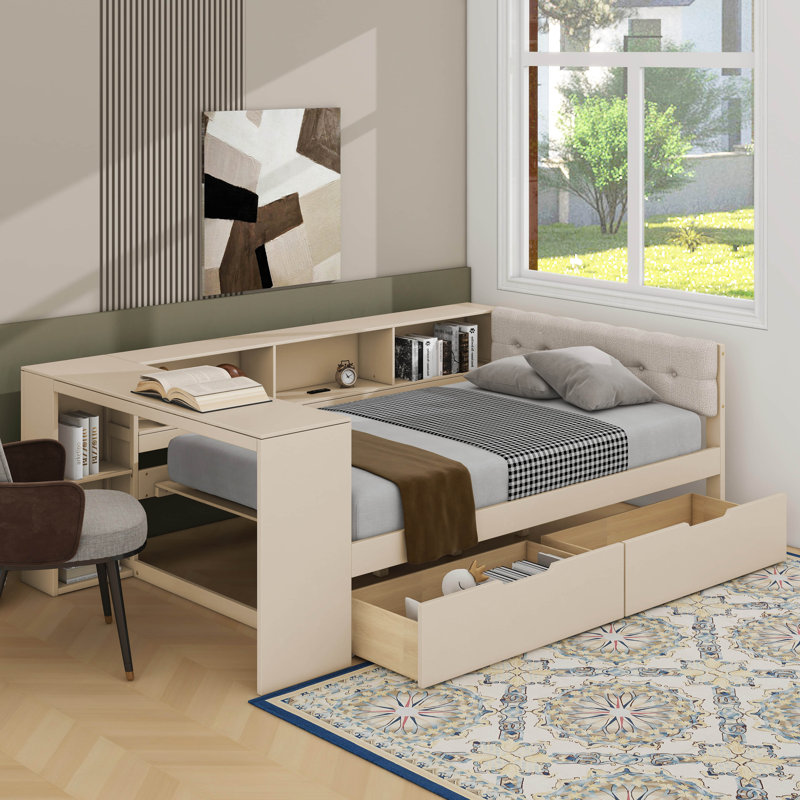 Lit plateforme avec tiroirs, tablettes de rangement, station de charge et tête de lit tapissier, Crème, crème, Lit double