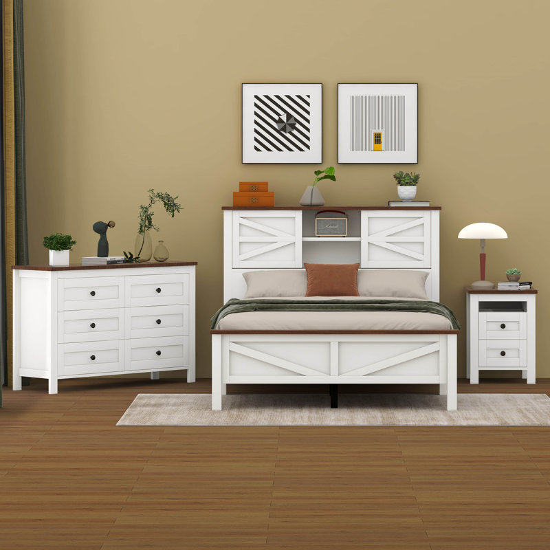 Ensemble de lit de ferme 3 pièces avec tête de lit double, porte de chevet et commode Jarrid, Blanc / brun