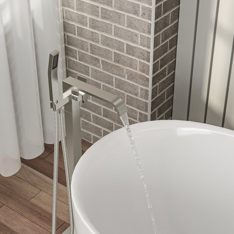Robinet de baignoire fixé au sol en nickel brossé, double réglage de la température, technologie Splash, nickel facile à installer avec rotation du bec à 360 °, noyau rouille, douche à main incluse
