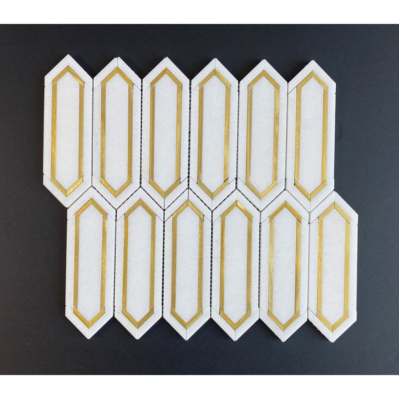 Thassos White Marble and Gold Metal Picket Wall Mosaic Tiles