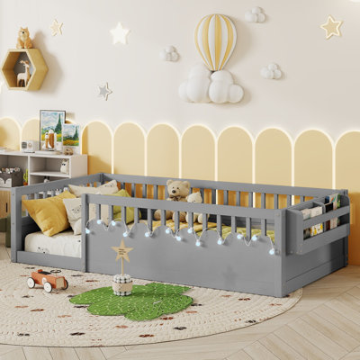 Wood Low Kids Floor Beds With Light and Storage Shelf，Floor Bed Frame With High Rails