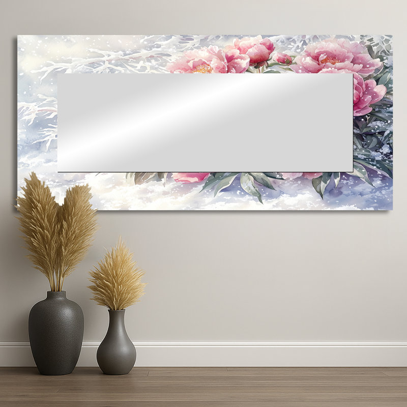 Pivoines dans la neige II - art mural miroir floral - imprimé sur métal, 28 po x 60 po
