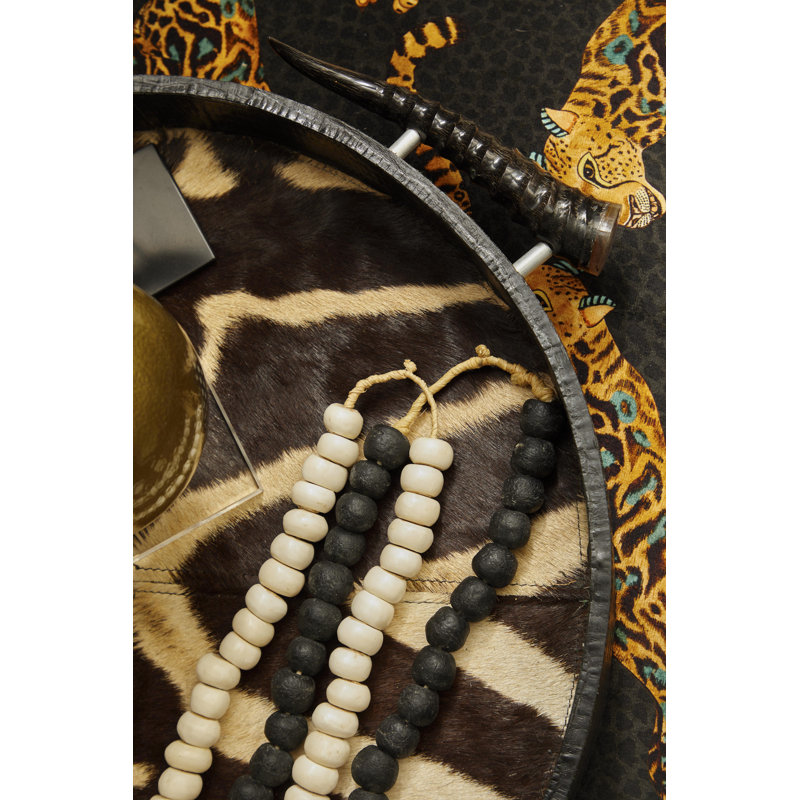 Leather Round Tray with Zebra Inlay - Springbok Horn Handles