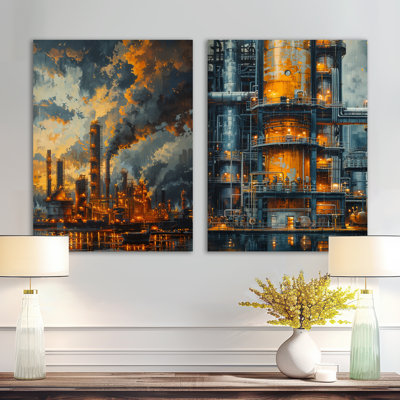 «Raffinerie de pétrole de pétrole la nuit I», ensemble de 2 impressions murales industrielles surdimensionnées en métal