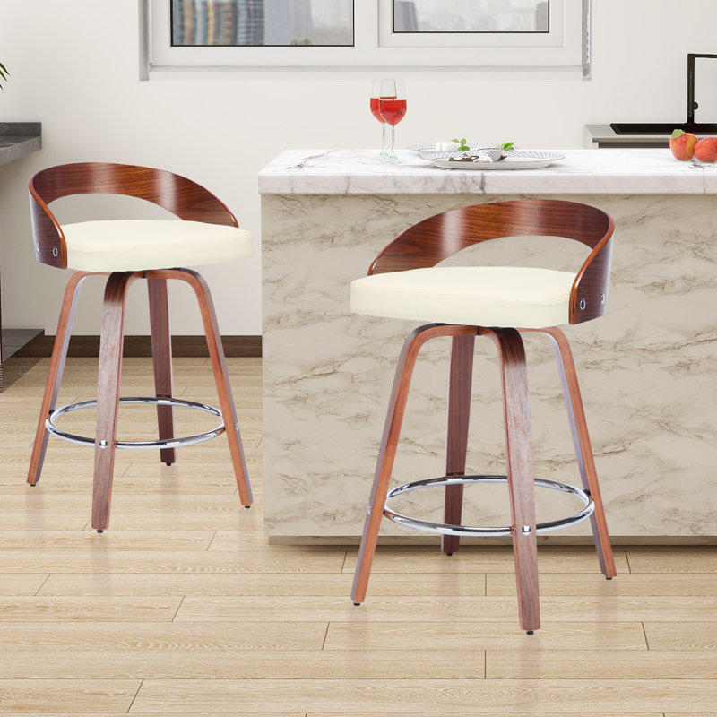 Ensemble de 2 tabourets de bar pivotants à dossier bas, chaises de bar en bois avec siège à coussin souple, hauteur de 25 pouces