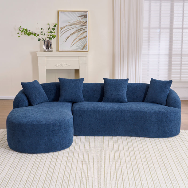 Canapé modulaire en forme de L à compression avec méridienne incurvée, canapé modulaire en chenille bleu sans assemblage, haute densité 30D
