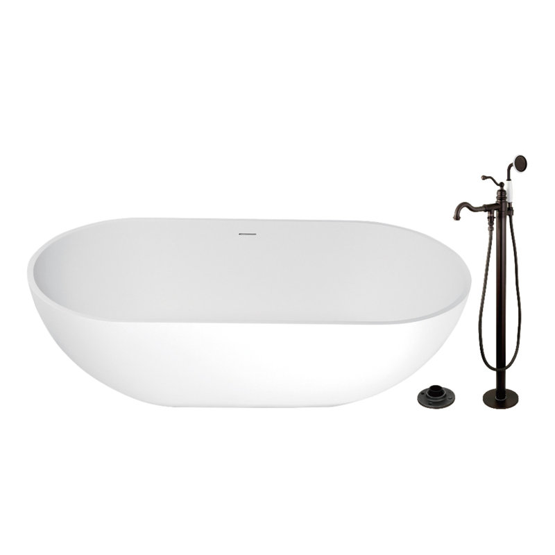 Kingston Brass Arcticstone 70-Inch Solid Surface Oval Double Ended Freestanding Tub With Faucet Combo And Drain