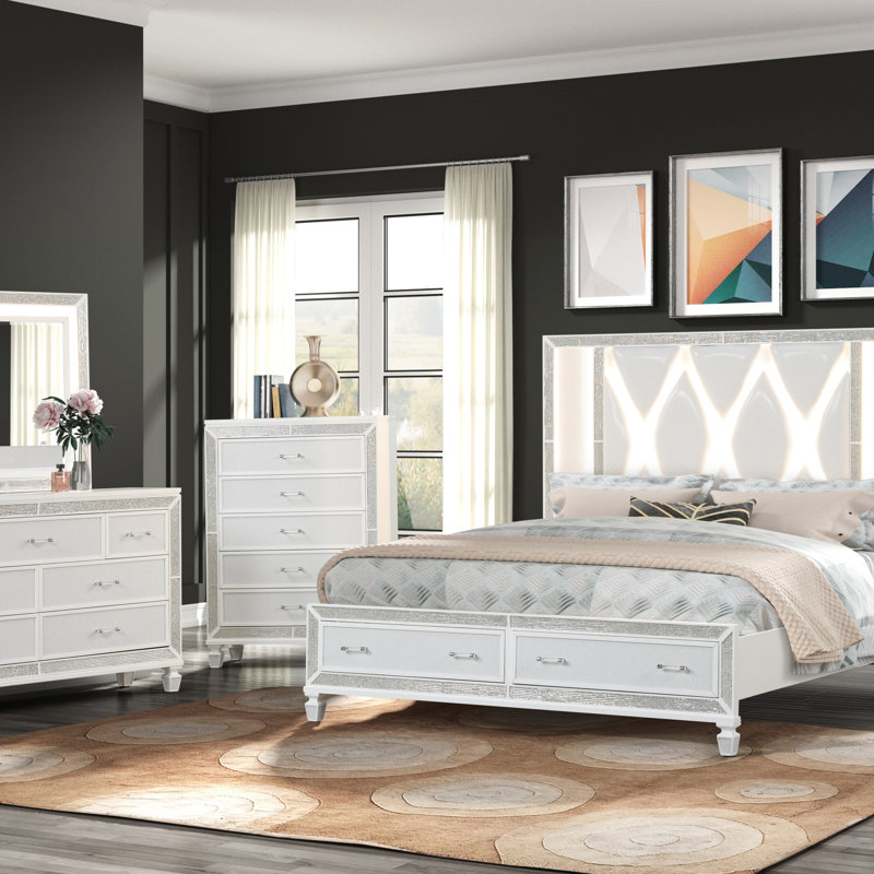 Grand lit de rangement en cristal avec finition en bois blanc